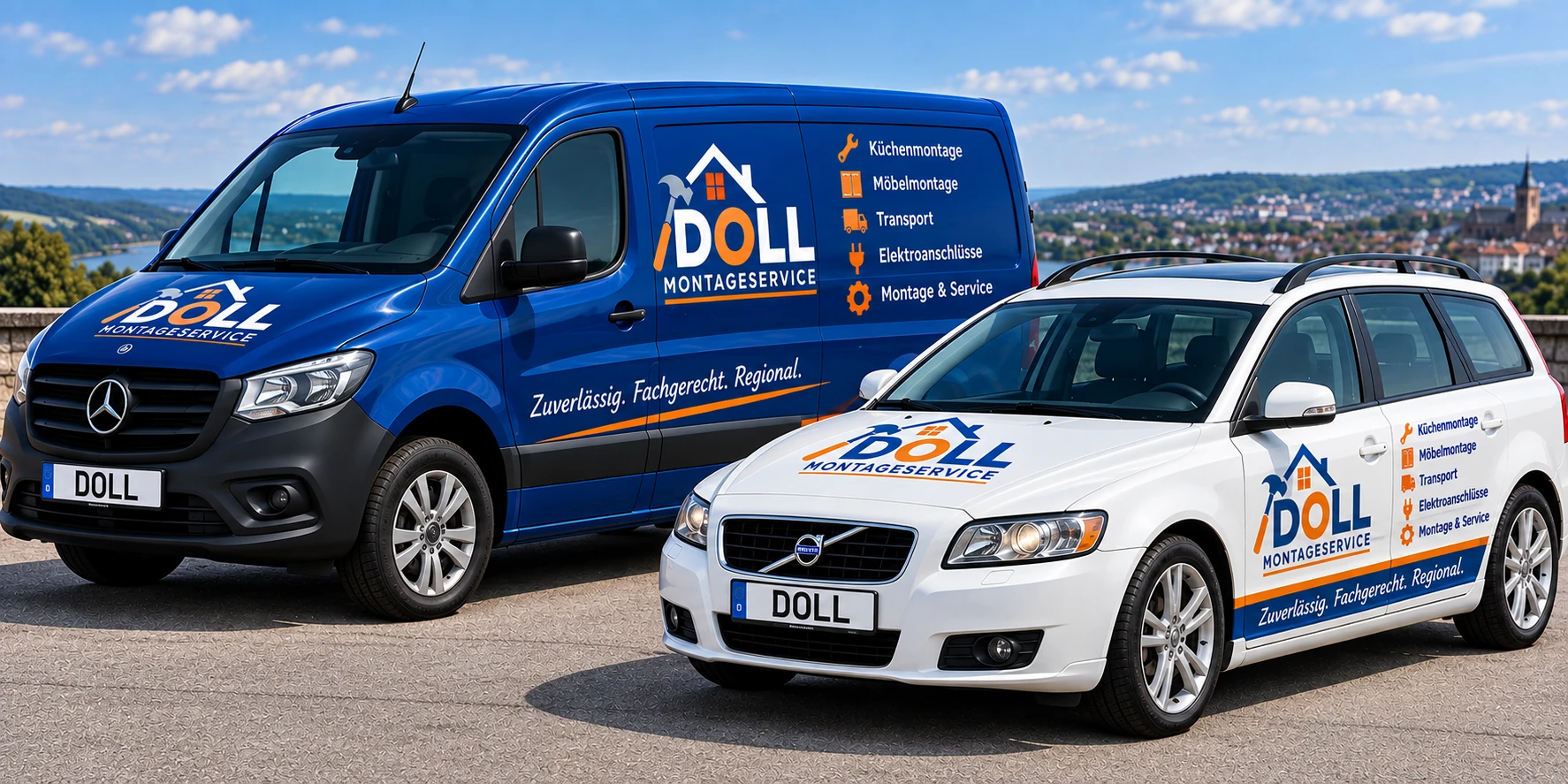 Blauer Transporter und weißer Kombi mit Doll-Montageservice-Beschriftung